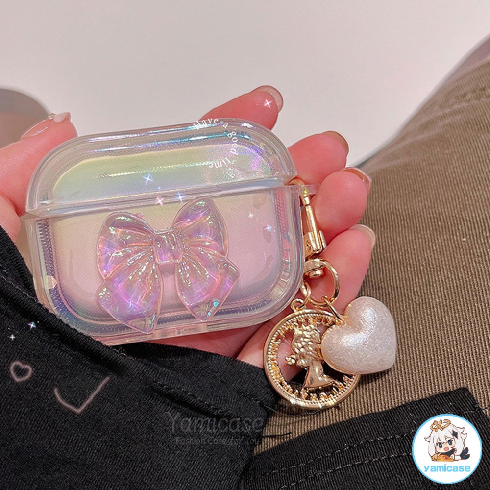 Vỏ Bảo Vệ Hộp Sạc Tai Nghe Airpods 3 12 Pro Màu Hồng Laser Đính Nơ 3D Bằng Kim Loại Xinh Xắn