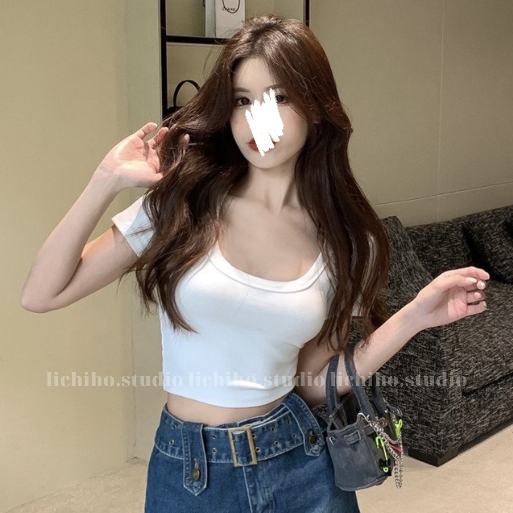 Áo croptop cổ vuông trơn form body gọi cảm áo thun tay ngắn chất vải borip dày mịn LCH