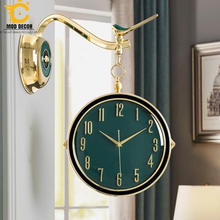 Đồng hồ treo tường 2 mặt Én xanh chất liệu đồng mạ vàng cao cấp 20001-XA