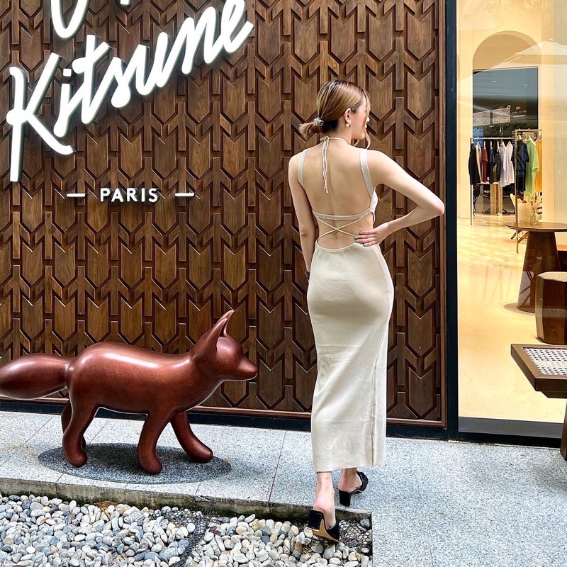 Đầm Dài Dệt Kim Không Tay Cổ Chữ U Hở Lưng Màu Trơn Họa Tiết Kẻ Sọc Thời Trang Cho Nữ