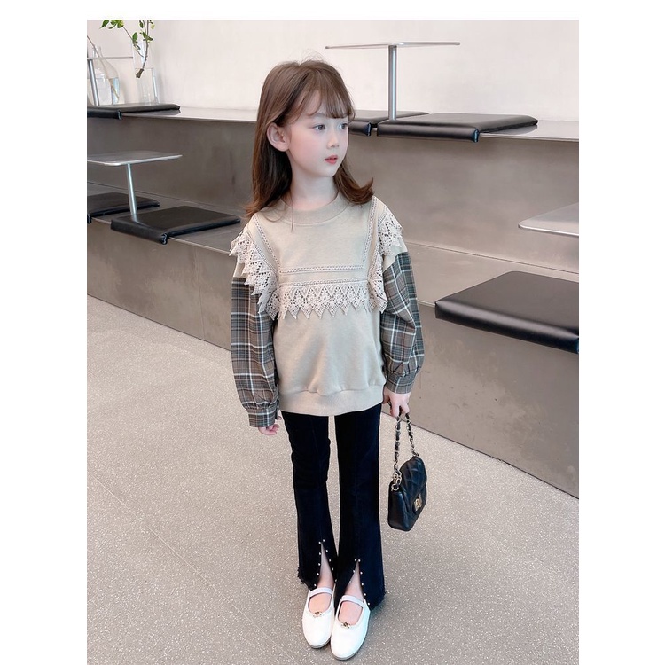 Áo Thun Tay Dài Giả Hai Lớp Phối Ren Thời Trang Xuân Thu Cho Bé Gái 3-15 Tuổi