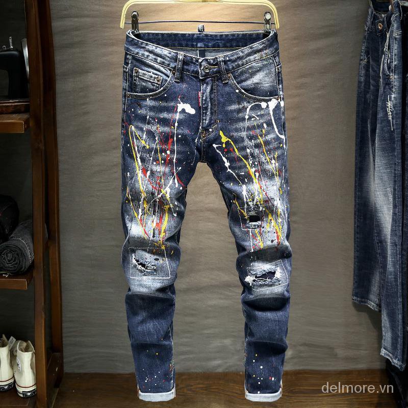 Quần Jeans Dài Phối Vết Rách Cá Tính Thời Trang Hàn Quốc Cho Nam