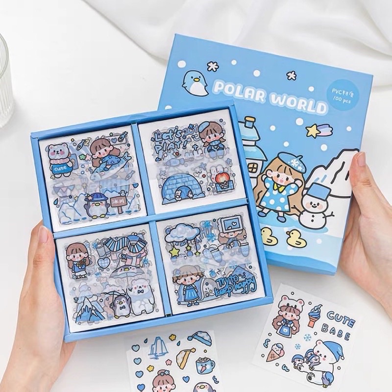 Sticker hộp 100 tấm cute Polar World (PVC) - Tặng Hình Xăm Dán