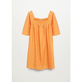 Auth Đầm cổ vuông tay phồng ngang gối màu cam vải cotton cao cấp chính hãng