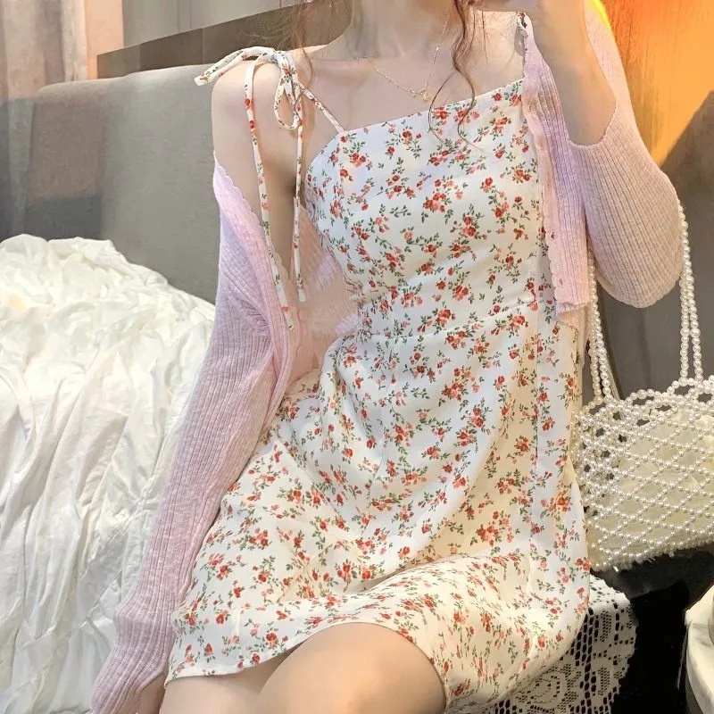 Zimaho Set Váy Đầm Hai Dây Họa + Áo Khoác cardigan Dệt Kim Tay Dài Thời Trang Mới