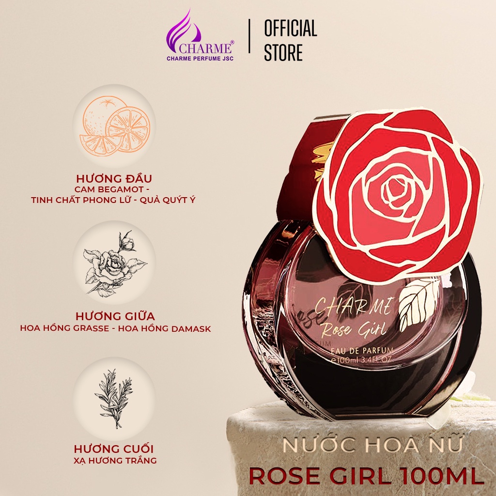 Nước hoa nữ cao cấp, Charme Rose Girl, hương hoa hồng, thanh mát, ngọt ngào, đầy quyến rũ, 100ml