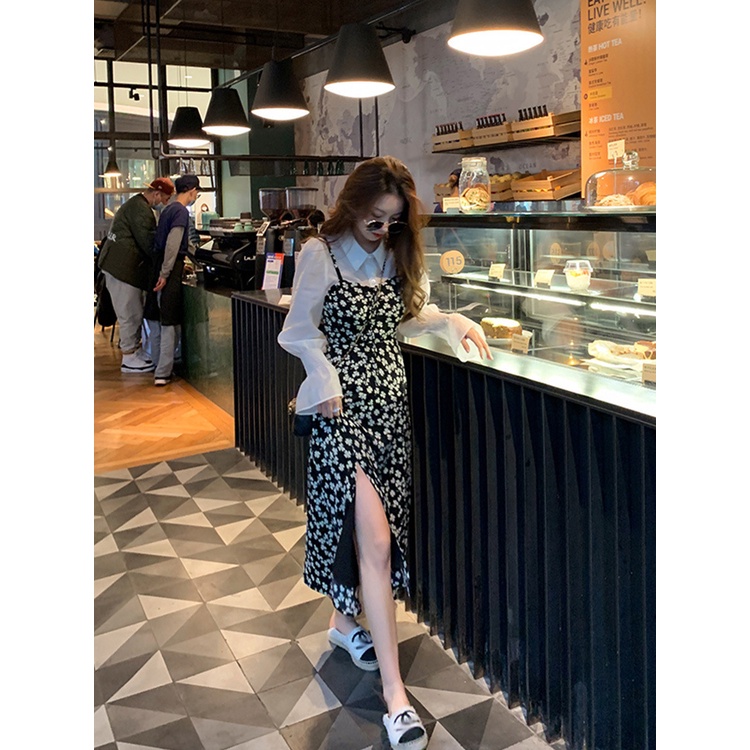 Đầm Voan Hai Dây Dáng Ôm In Hoa Xẻ Tà Thời Trang Xuân Hè Pháp Màu Đen