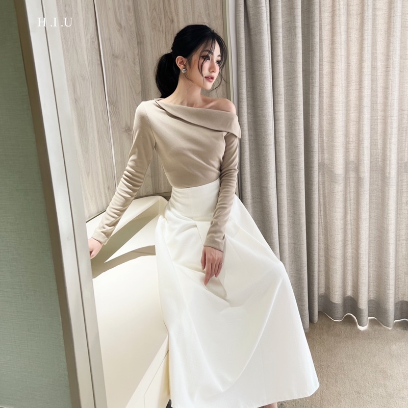 Áo len hàn nữ Lucie Top tay dài H.I.U Fashion , lệch vai thanh lịch phong cách hàn quốc HIU design