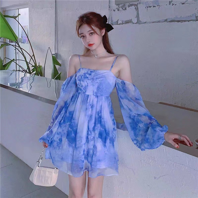 Đầm Ngắn Hai Dây Nhuộm Màu Tay Dài Phồng In Họa Tiết Hoa Phong Cách Pháp Cổ Điển Thời Trang Mùa Hè Hàng Mới 2023