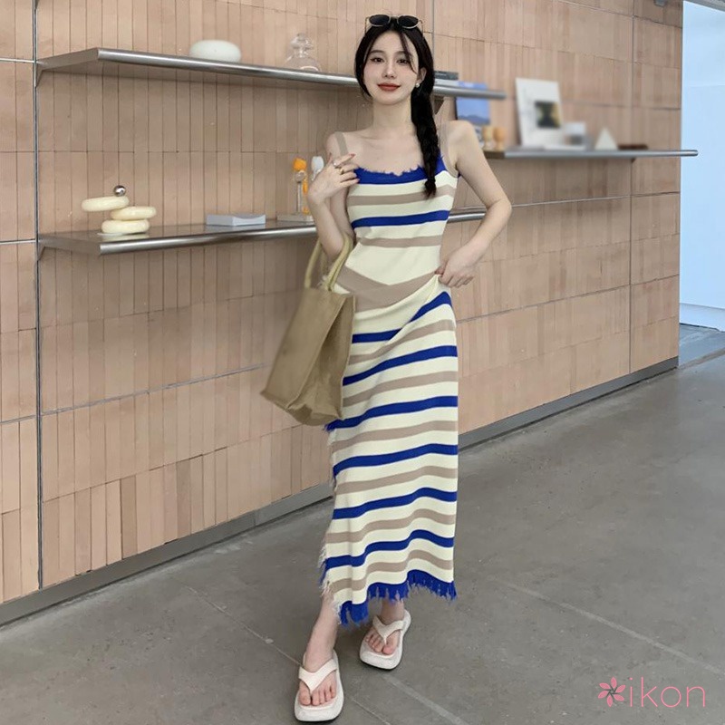 Đầm Hai Dây Dệt Kim Dáng Dài Xẻ Tà Họa Tiết Kẻ Sọc Thời Trang Hàn Quốc Cho Nữ