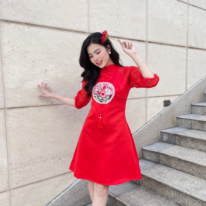 Đầm đỏ tết thêu họa tiết cổ tàu phối tay lưới bồng bềnh xinh xắn thời trang tết [ TẾT 3D]