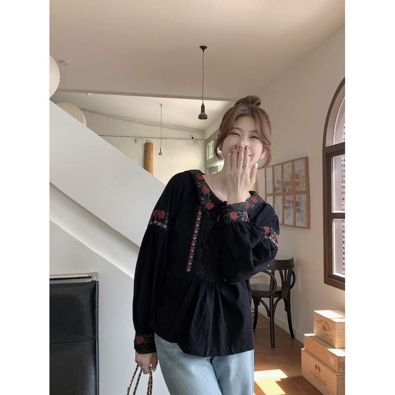 Áo Sơ Mi Tay Dài Dáng Rộng Thêu Hoa Màu Trơn Phong Cách Trung Hoa Cổ Điển Thời Trang Mùa Xuân Mới Cho Nữ