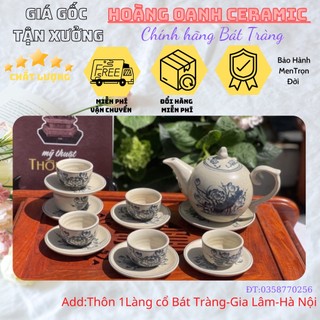 Ấm chén men rạn cổ Bát Tràng-bộ Chóp Lửa vẽ Sen