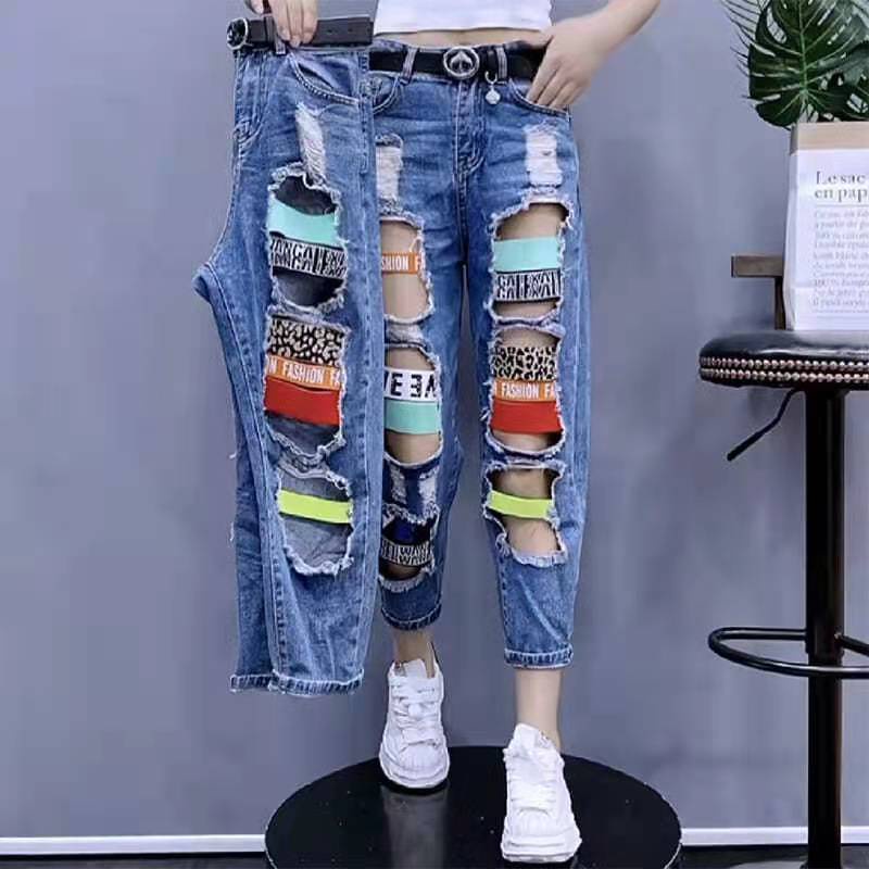 Leggings tight pants hole jeans women's chic beggar cropped pants Western style high waist straight pants spring and summer latest street fashion new trend