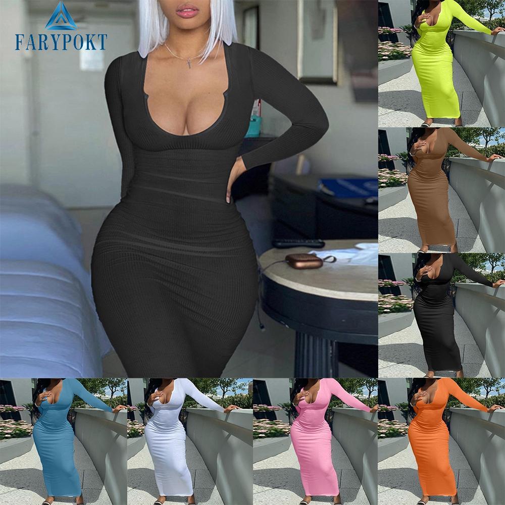 Đầm Dáng Ôm Cổ Chữ U Màu Sắc Đơn Giản Size S-XL Thời Trang Dự Tiệc Sang Trọng Cho Nữ