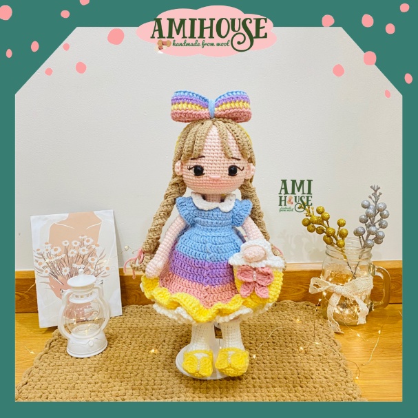 Búp bê Rosie cầu vồng bằng len móc handmade cho bé, búp bê handmade, 100% sợi cotton - Ami House