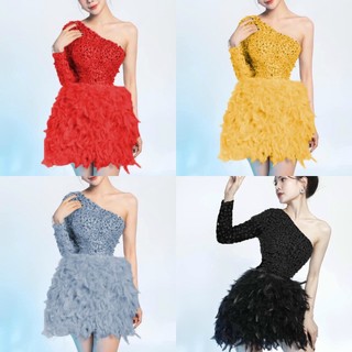 Đầm váy dự tiệc lưới kim sa 1 tay phối lông