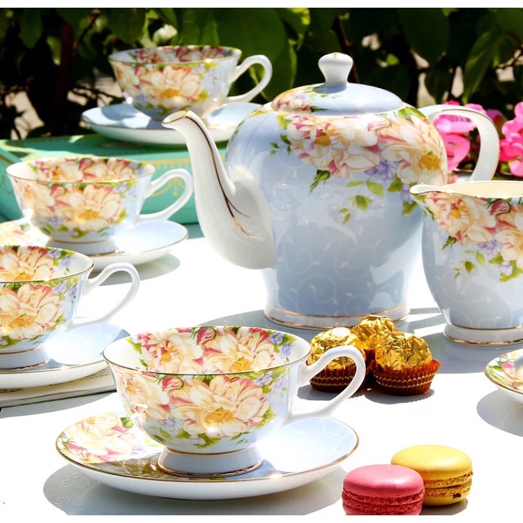 Tách uống trà (kèm giá treo) sứ xương phong cách Anh, họa tiết hình hoa trà, cốc uống cà phê 1.5.2.5