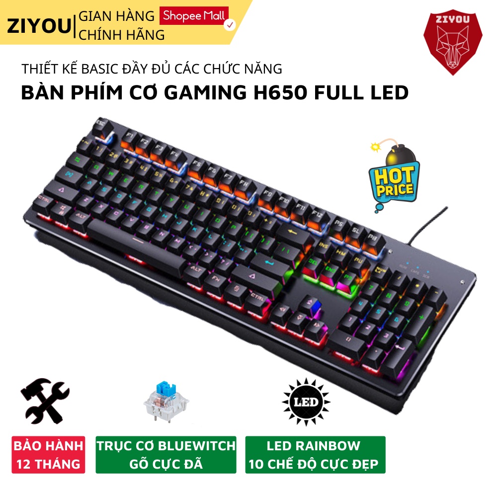 Bàn phím cơ máy tính ZIYOU H650 PRO GAMING có 10 chế độ led RGB cực đẹp đầy đủ 104 phím