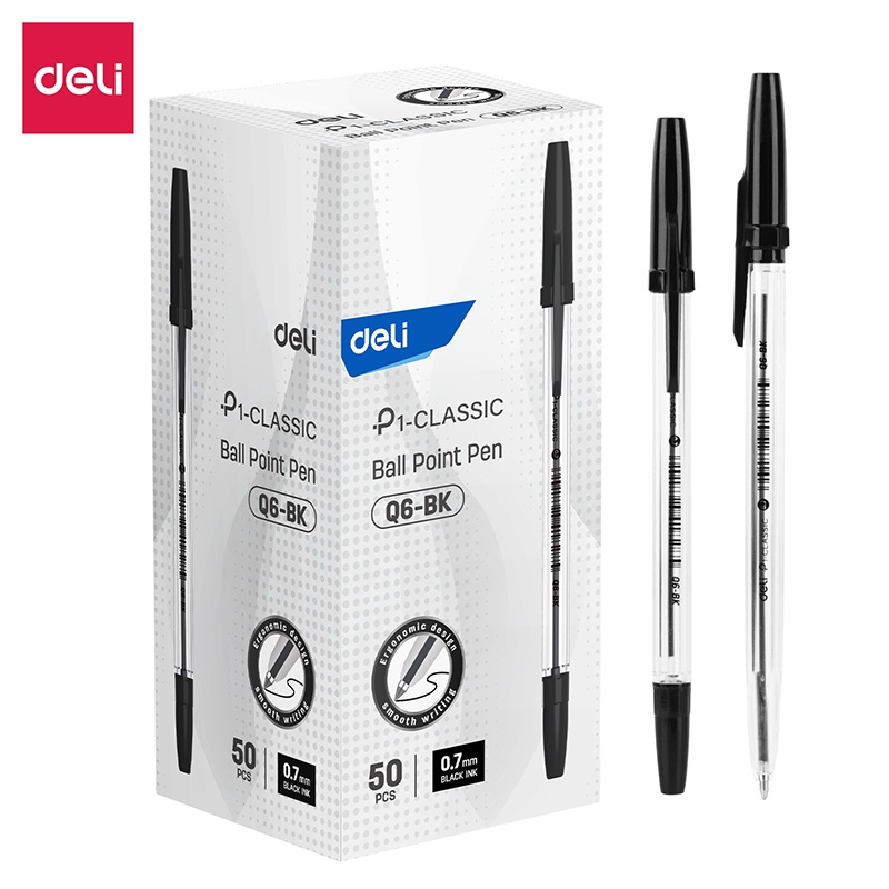 Hộp 50 bút bi DELI EQ6-BK mực đen ngòi 0.7mm tiện lợi