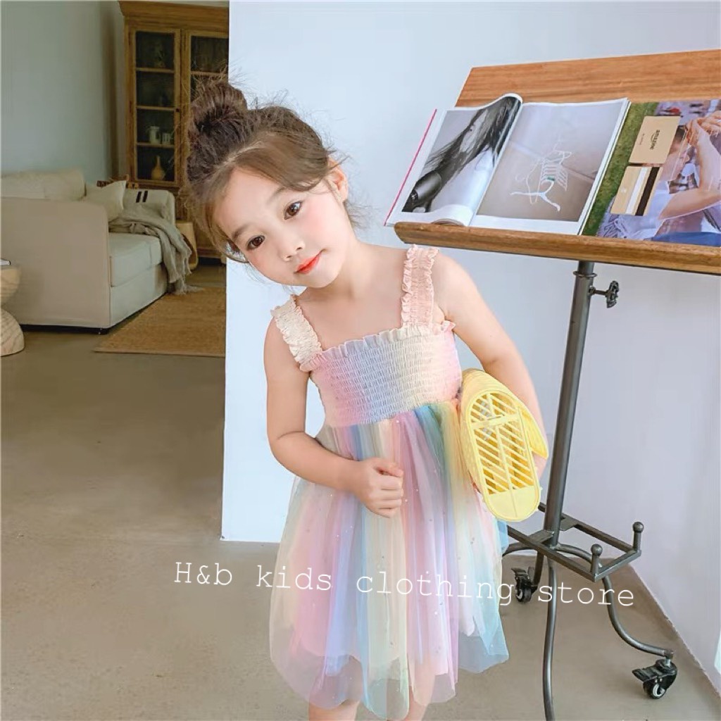Váy 2 dây công chúa cầu vồng cực hot cho bé gái 8-20kg, váy cầu vồng hot tream 2023