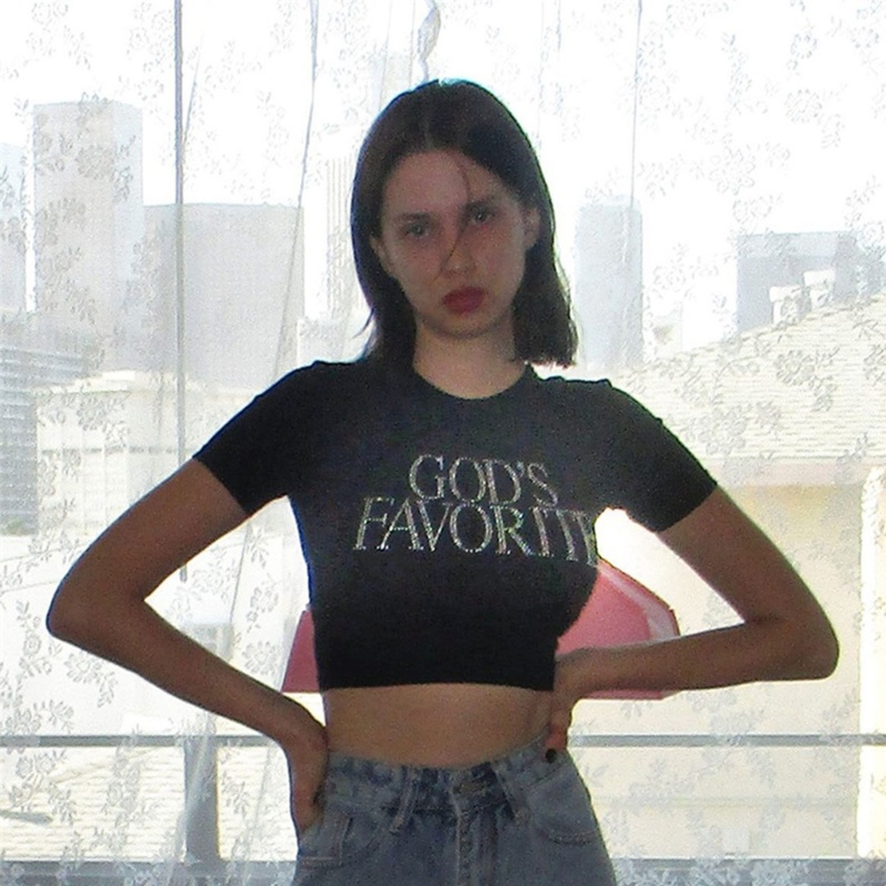 Áo Thun Lửng Ngắn Tay Đính Đá Phong Cách Trẻ Trung Dành Cho Nữ