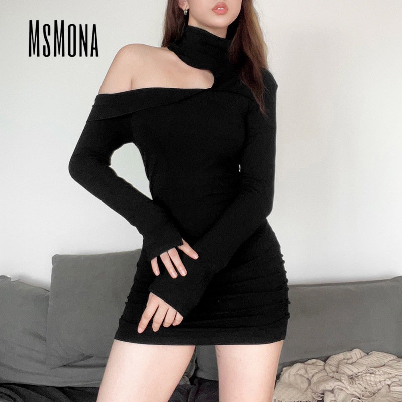 MsMona Đầm Mini Tay Dài Cổ Lọ Màu Trơn Thời Trang 2023 Quyến Rũ Cho Nữ