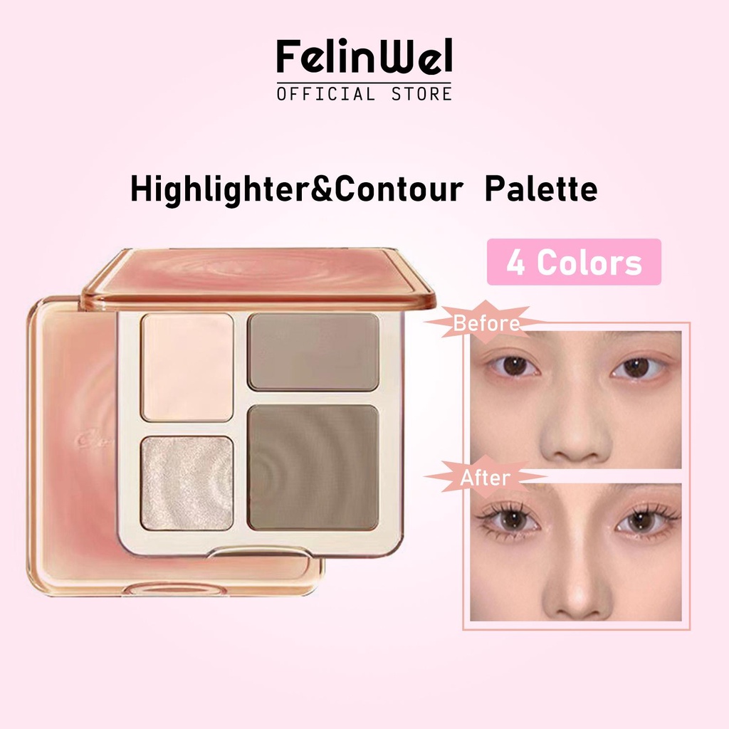 FelinWel - Bảng Phấn Bắt Sáng / Tạo Khối 4 Màu Tông Lì / Nhũ 3D Trang Điểm Đa Năng
