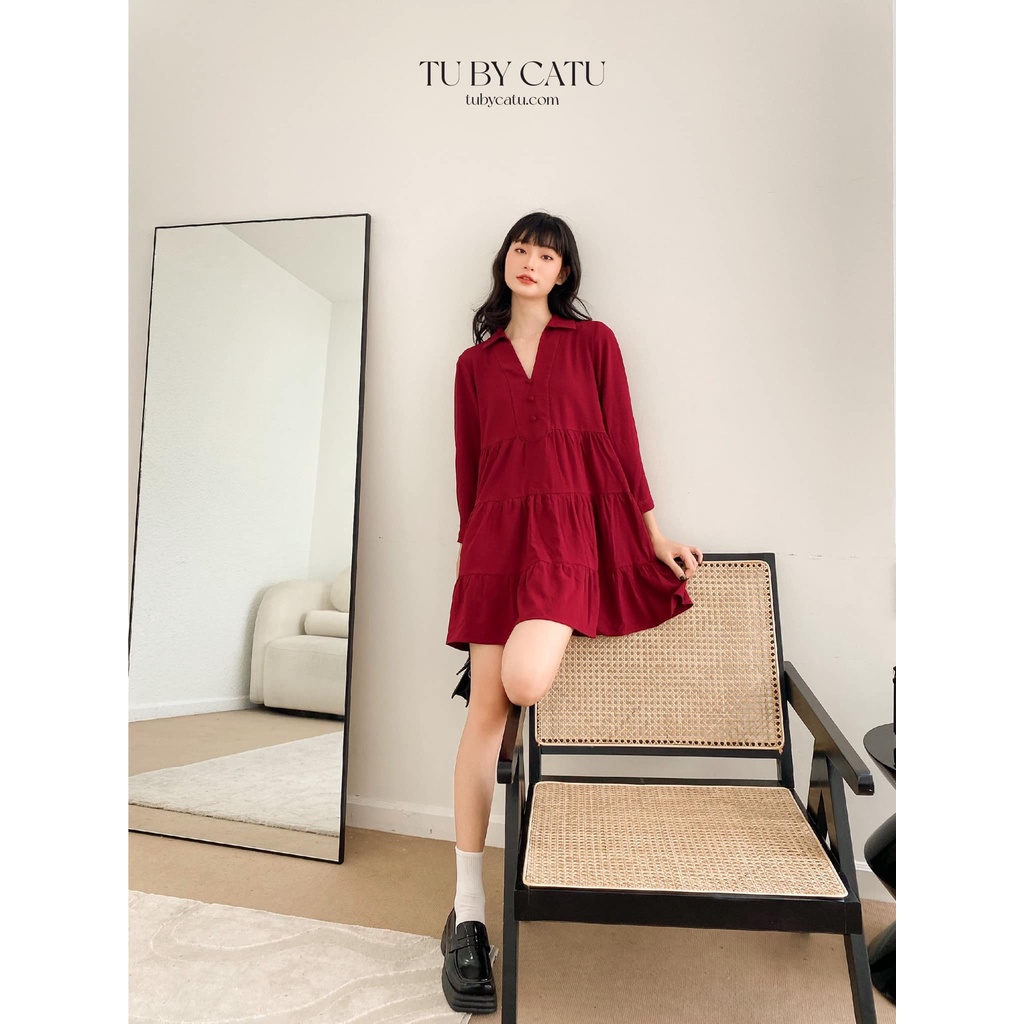 TUBYCATU | Đầm sơ mi đỏ 3 tầng