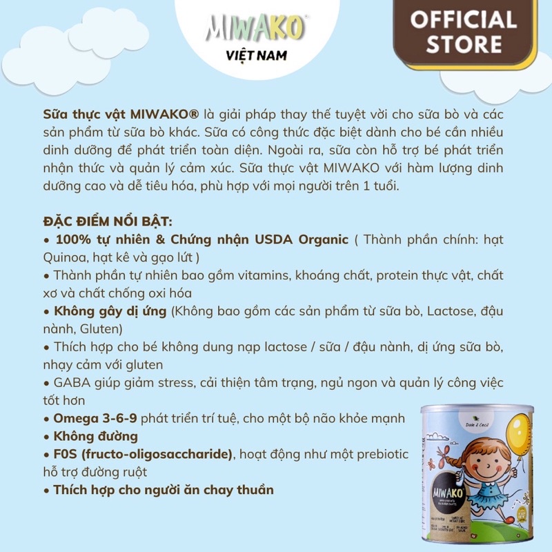 Sữa công thức hạt thực vật hữu cơ Miwako vị gạo