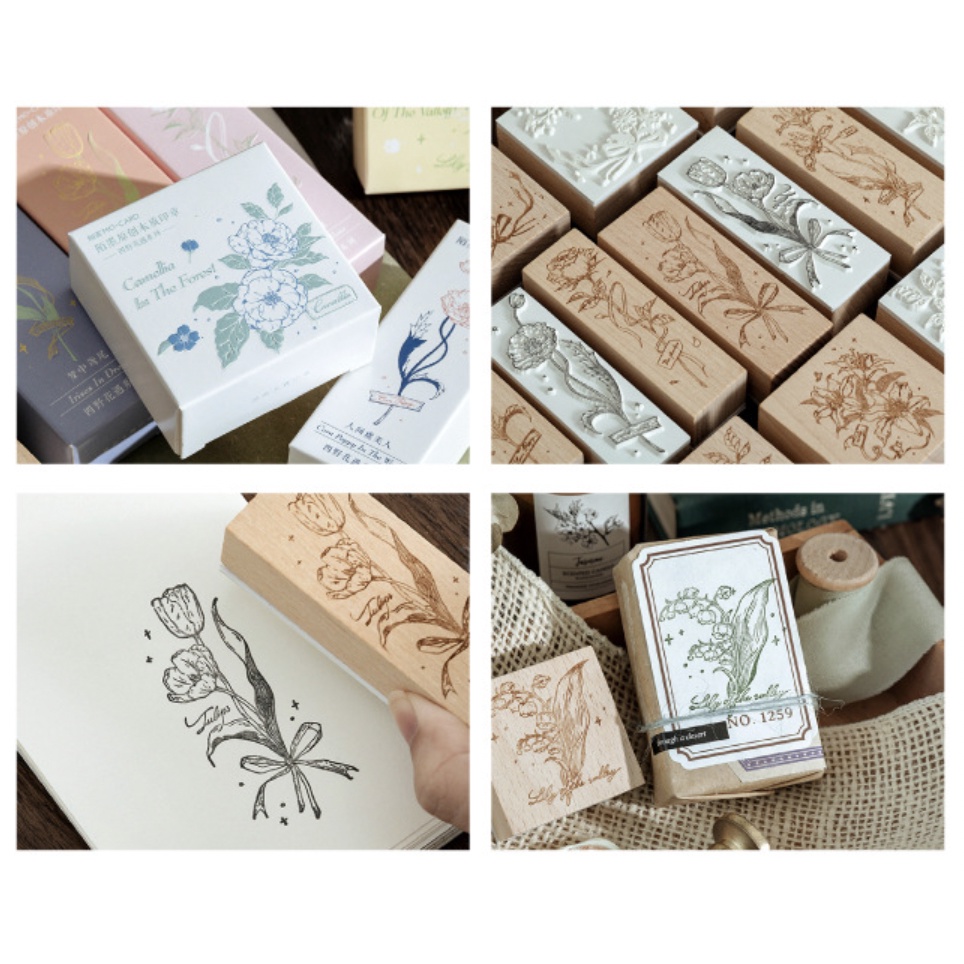 Con dấu gỗ trang trí FOUR WILD FLOWERS Series