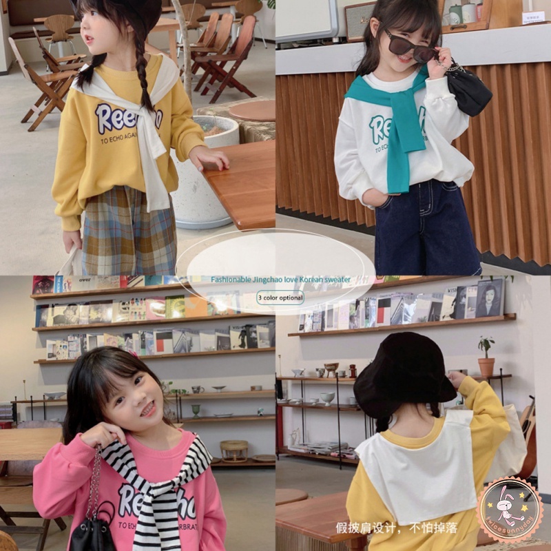 Áo Thun Sweater Cổ Tròn Tay Dài In Chữ Phối Khăn Choàng Kiểu Hàn Quốc Dễ Thương Cho Bé Gái