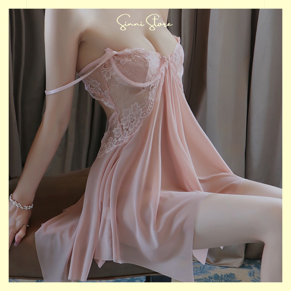 Váy ngủ sexy xẻ tà có gọng cosplay gợi cảm đầm hai dây đẹp ren xuyên thấu quyến rũ, kèm quần lọt khe - Sinni