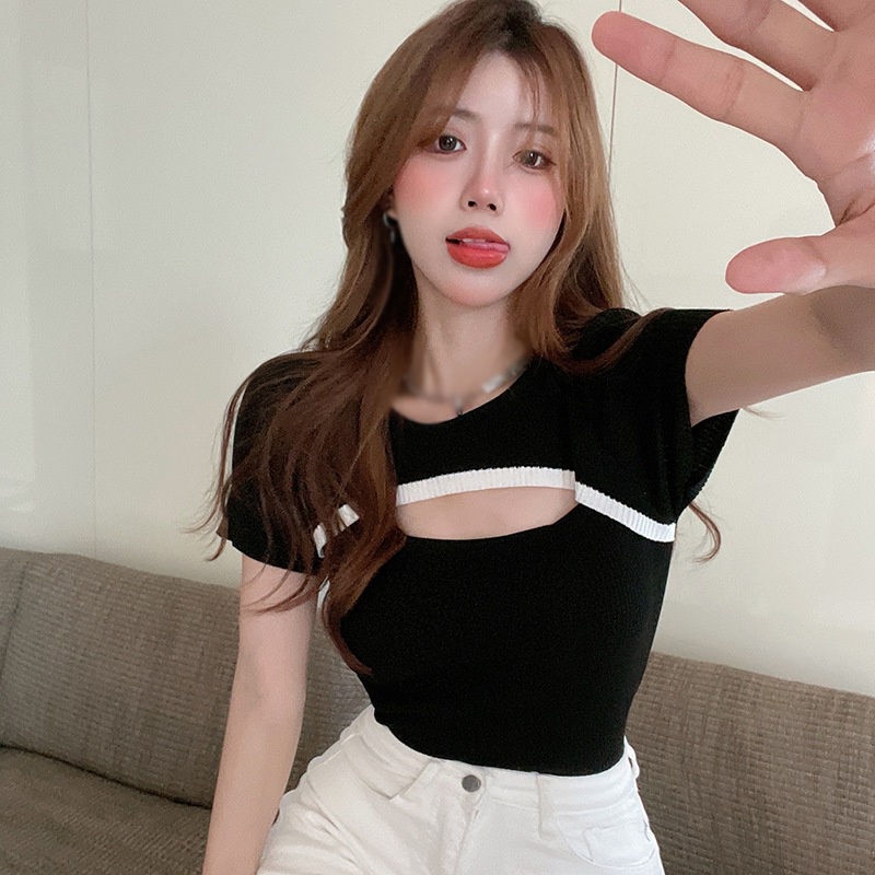 Áo dệt kim cổ tròn tay ngắn form ôm thời trang mùa hè trẻ trung cho nữ