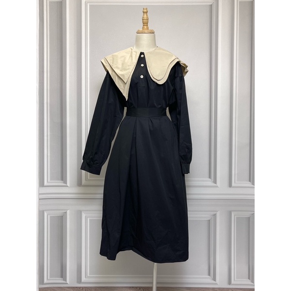 V1235 Váy cổ bèo FORU hàng hiệu chính hãng thời trang nữ màu đen be freesize secondhand thanh lý ký gửi