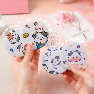 Gương trang điểm mini bỏ túi Hàn Quốc đáng yêu, Gương tròn cầm tay nhỏ gọn tiện dụng, Gương mini hình bò sữa