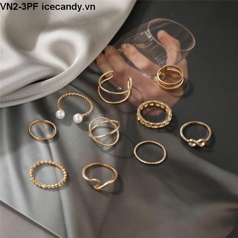 🥟Bộ nhẫn nữ ngọc trai nhân tạo gợn sóng , Set nhẫn basic mạ bạc 925 cá tính Her