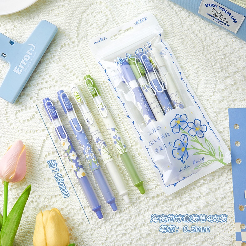 Set 4 Bút Mực Nước Kèm Túi Đựng Họa Tiết Hoa Cúc Màu Đen Xinh Xắn