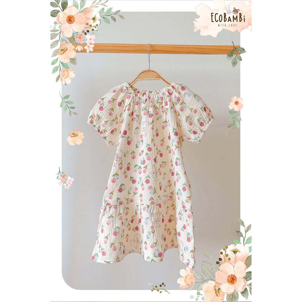 Đầm cotton muslin tay phồng hoa cỏ mùa xuân Ecobambi