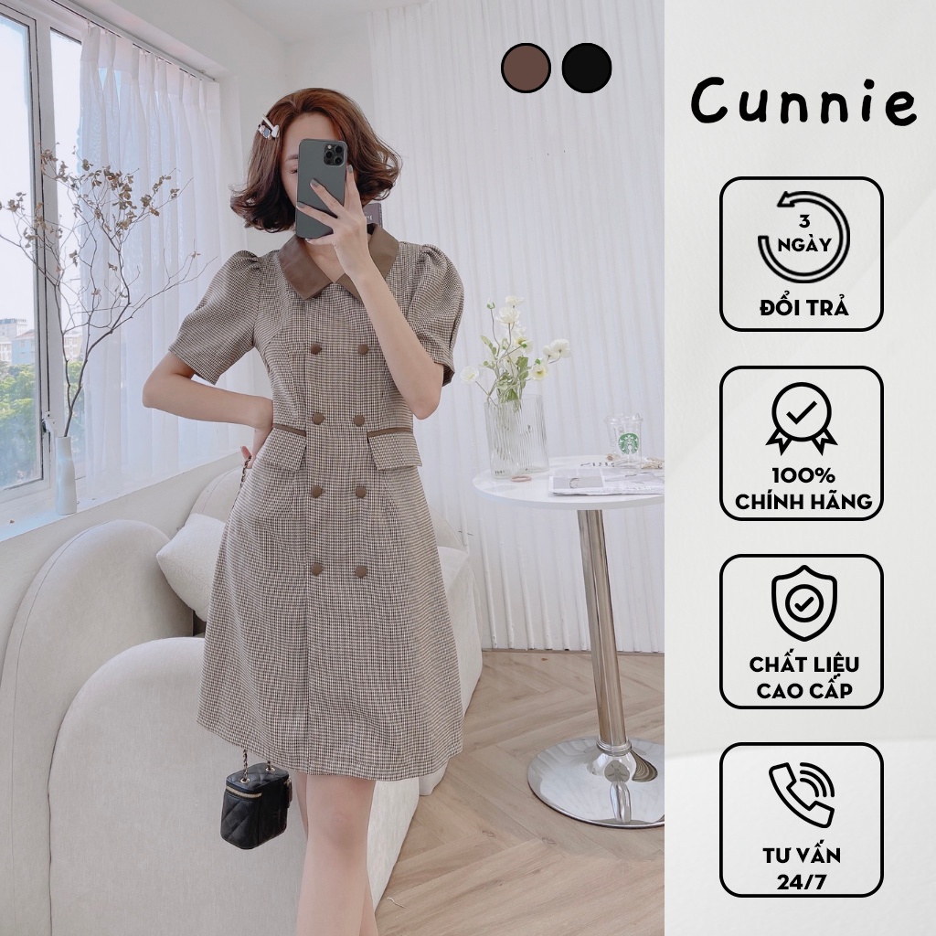 Váy dạ cổ đức cộc tay 2 nắp túi sườn CUNNIE V313, đầm kẻ caro tay bồng nhẹ vintage