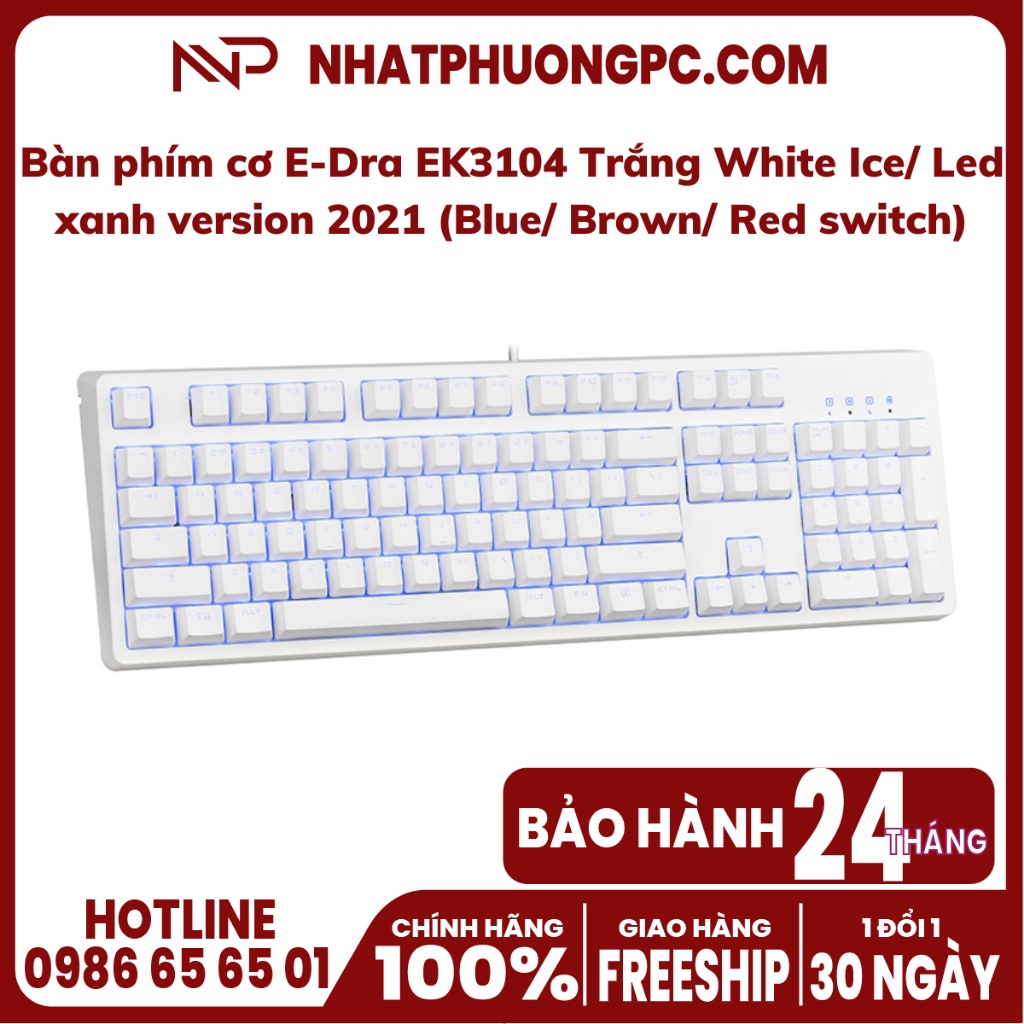 Bàn phím cơ E-Dra EK3104 Trắng White Ice/ Led xanh version 2021 (Blue/ Brown/ Red switch)