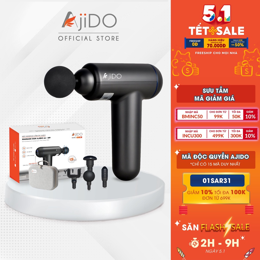 Máy Massage Cầm Tay AJIDO AJ - M9, 32 Cấp Độ, 4 Đầu Thay Thế - Mát Xa Toàn Thân Giãn Cơ, Đấm Lưng, Cổ Vai Gáy