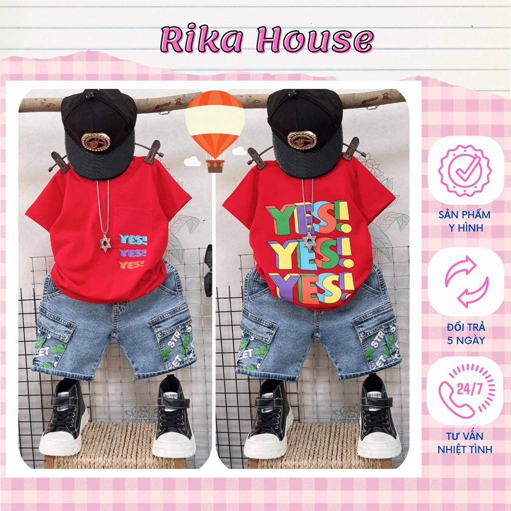 Quần áo bé trai, bộ jean túi hộp chữ Yess cool ngầu cho bé trai từ 10 đến 55 kg