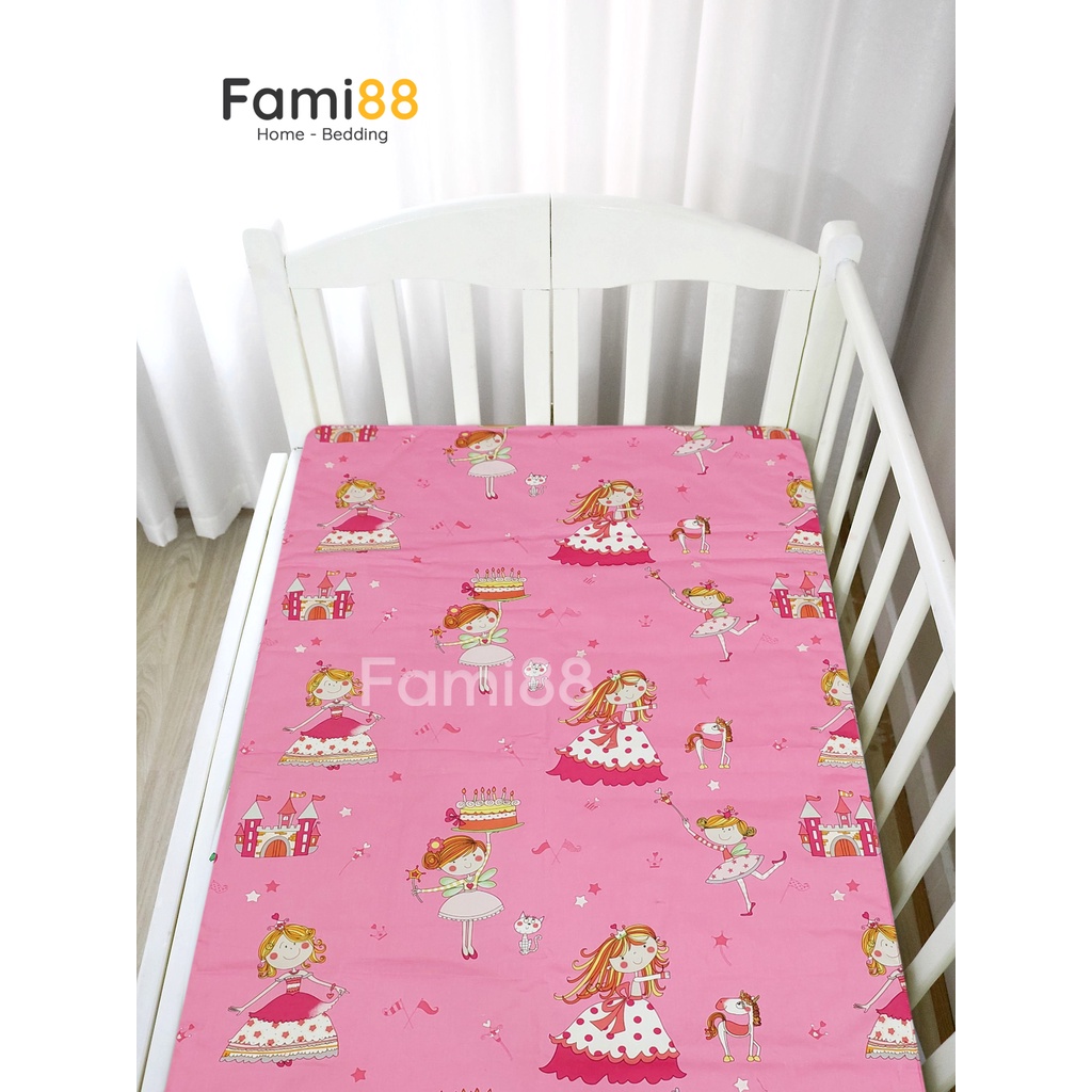 Ga trải giường 1m4 1m5 cho bé gái Cotton Satin Fami88 Bedding hình Elsa, Công Chúa, set 1 ra nệm 2 vỏ gối 45x65 50x70cm