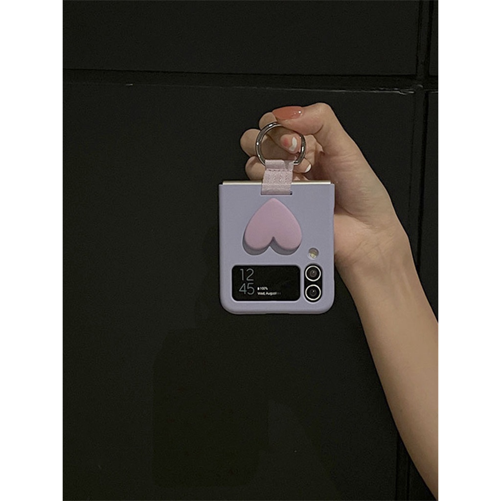 Ốp Điện Thoại Màu Trơn Có Vòng Đỡ Hình Trái Tim 3D Sang Trọng Cho Samsung Galaxy Z Flip 3 4 5G Z Flip3 Flip4 Zflip4