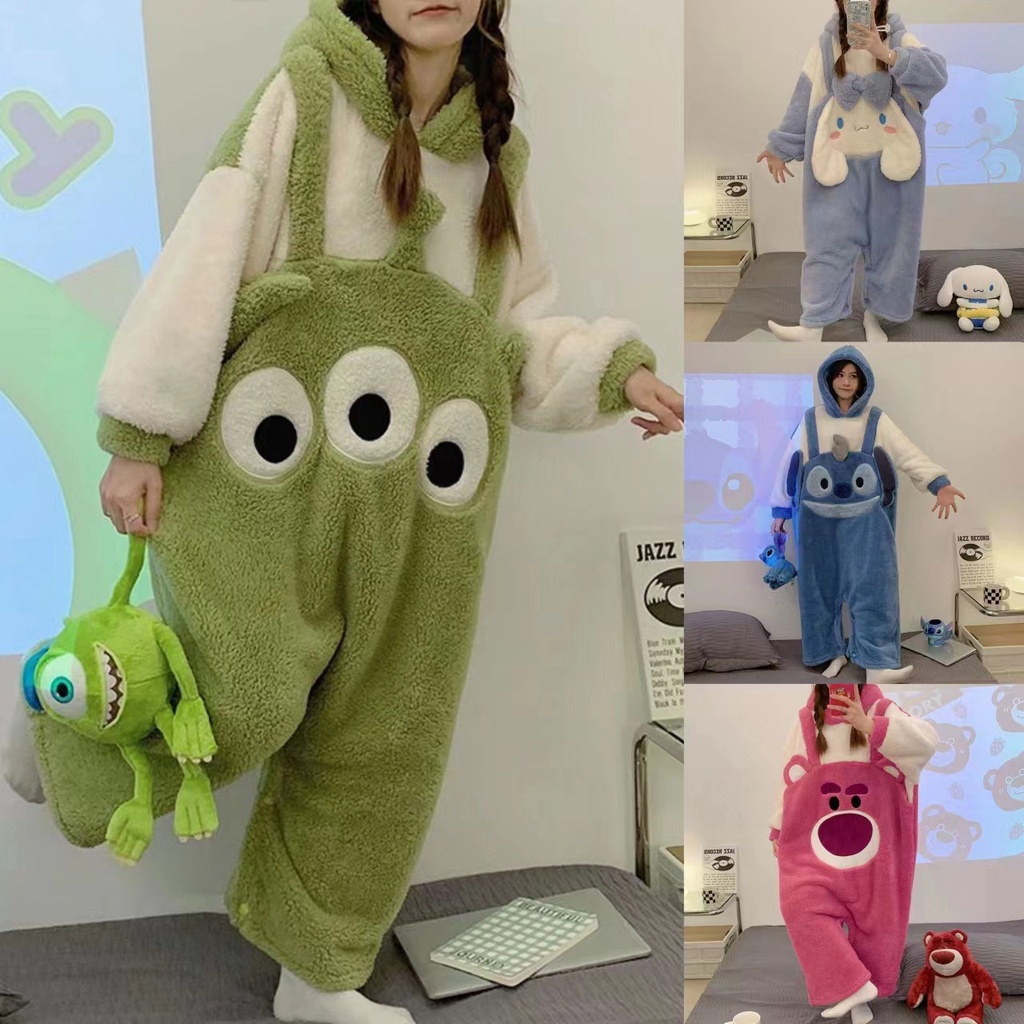 Hoạt Hình Gấu Dâu Bộ Đồ Ngủ Mùa Đông Lông Cừu Lót Dày Nữ Một Mảnh Bộ Đồ Ngủ Thu Đông Phong Cách San 