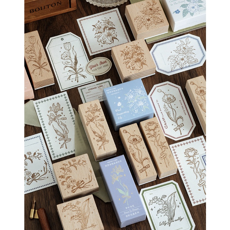 Con dấu gỗ trang trí FOUR WILD FLOWERS Series