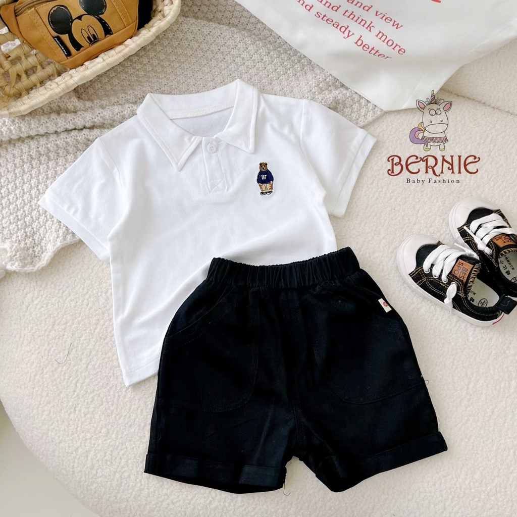 Set bộ POLO cộc tay quần kaki BERNIE thêu họa tiết Gấu cho bé