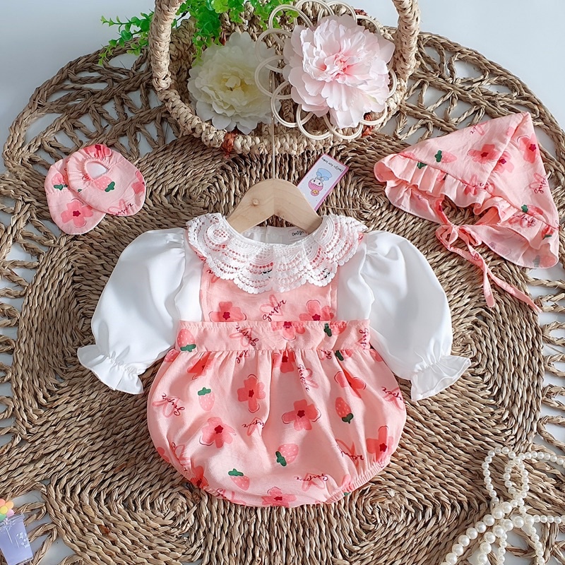 Bodysuit Hồng Hoa Đào Cổ Ren, Body Dứa Xô Muslin Xinh xắn Cho Bé Sơ Sinh