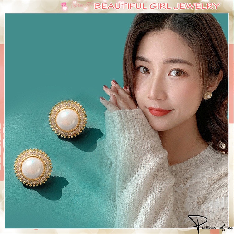 Bông tai mạ bạc 925 hình tròn đính ngọc trai phong cách Hàn Quốc thời trang cho nữ